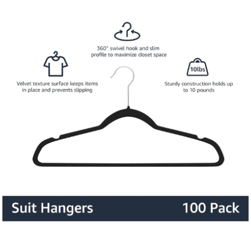 Non-Slip Velvet Hangers - 100 Black Slim Suit Clothes