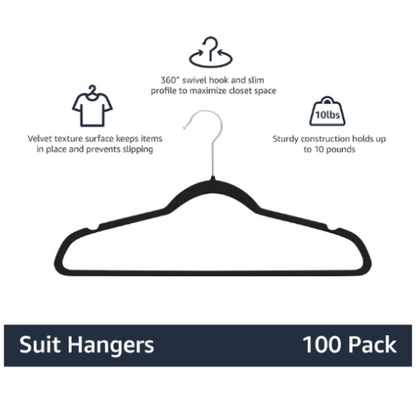 Non-Slip Velvet Hangers - 100 Black Slim Suit Clothes